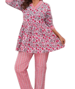 Jaipuri Cambric Cotton Printed Umbrella-Style Short Kurti with Pocket Pant
