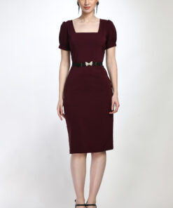 Wine Bodycon Cotton Spandex Dress with Elegant Belt