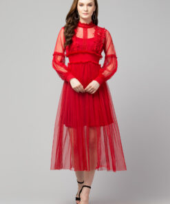 Red Lace Net Midi Dress