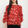 Red Printed Rayon Frill & Tie Sleeve Top