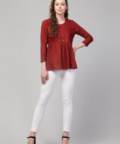 Maroon Rayon Embroidered Top